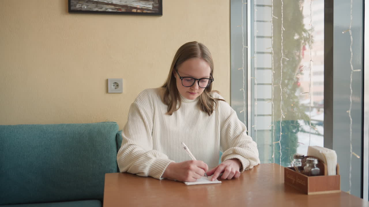 Charming lady in white sweater sketching on paper at wooden table beside window decorated with string lights, cozy cafe interior with urban buildings and snowy streets visible outside