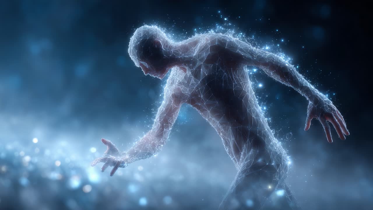A Surreal Digital Creation Featuring an Ethereal Figure Composed of Glowing Points and Light, Evoking Themes of Transformation and Movement in a Dreamlike Space