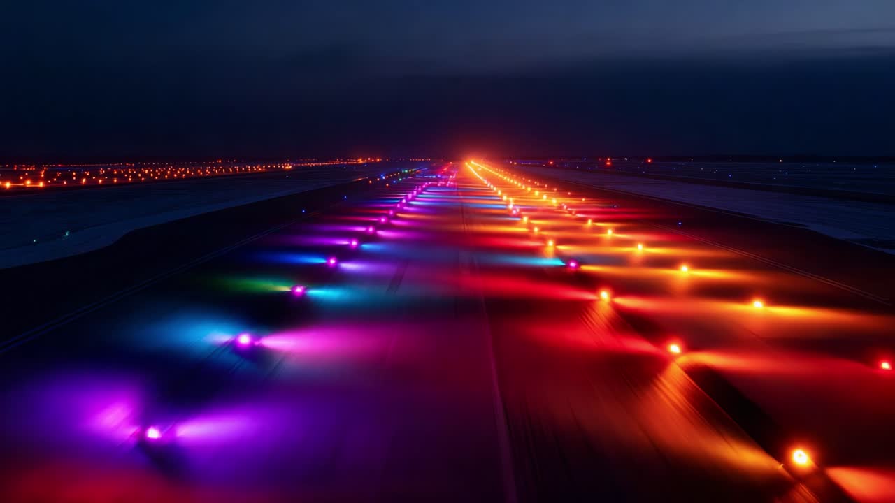 A Stunning Perspective of Illuminated Runway Lights Displaying a Vibrant Spectrum of Colors at Night, Creating an Enchanting Visual Spectacle from Above