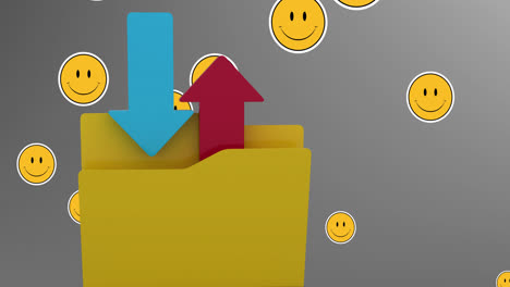 varios emojis de cara flotando contra el icono de carga y descarga en fondo gris