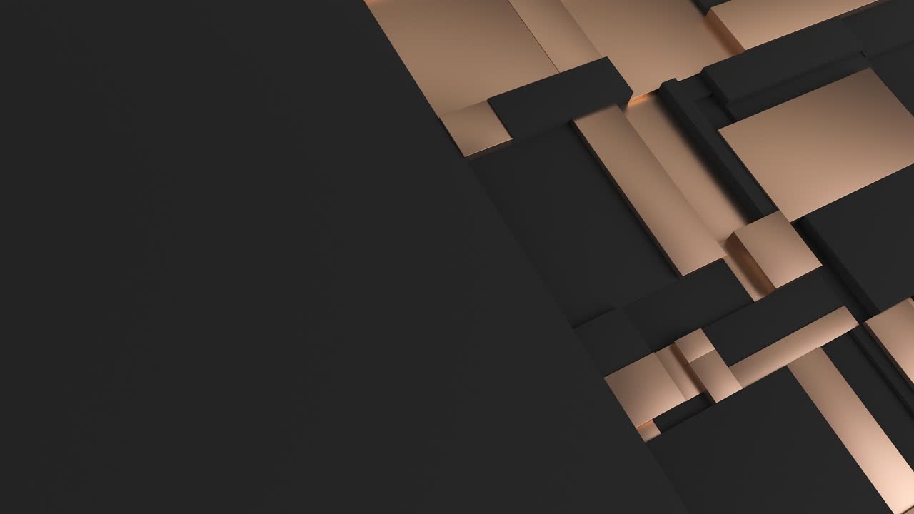 negro y dorado superficie rectangular tessellada en movimiento. fondo abstracto con azulejos fragmentados de escala tambaleante. patrón de diseño de movimiento 3d con animación de bucle y lugar para texto. renderizado 4k uhd