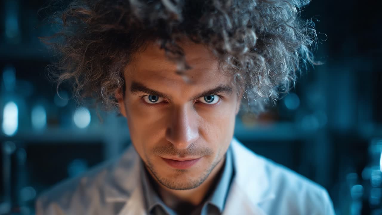 Scienziato intenso fissa la fotocamera, trasudando intelligenza e curiosità in un laboratorio scarsamente illuminato, circondato da attrezzature scientifiche e vetreria
