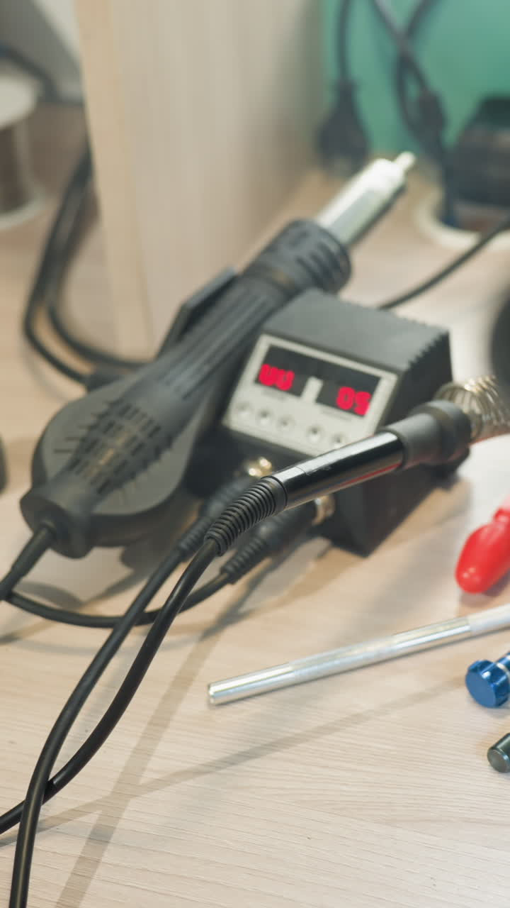 una vista de cerca de un espacio de trabajo de laboratorio donde un técnico está ajustando una estación de soldadura digital, la mesa está esparcida con varias herramientas, un microscopio y otros equipos electrónicos