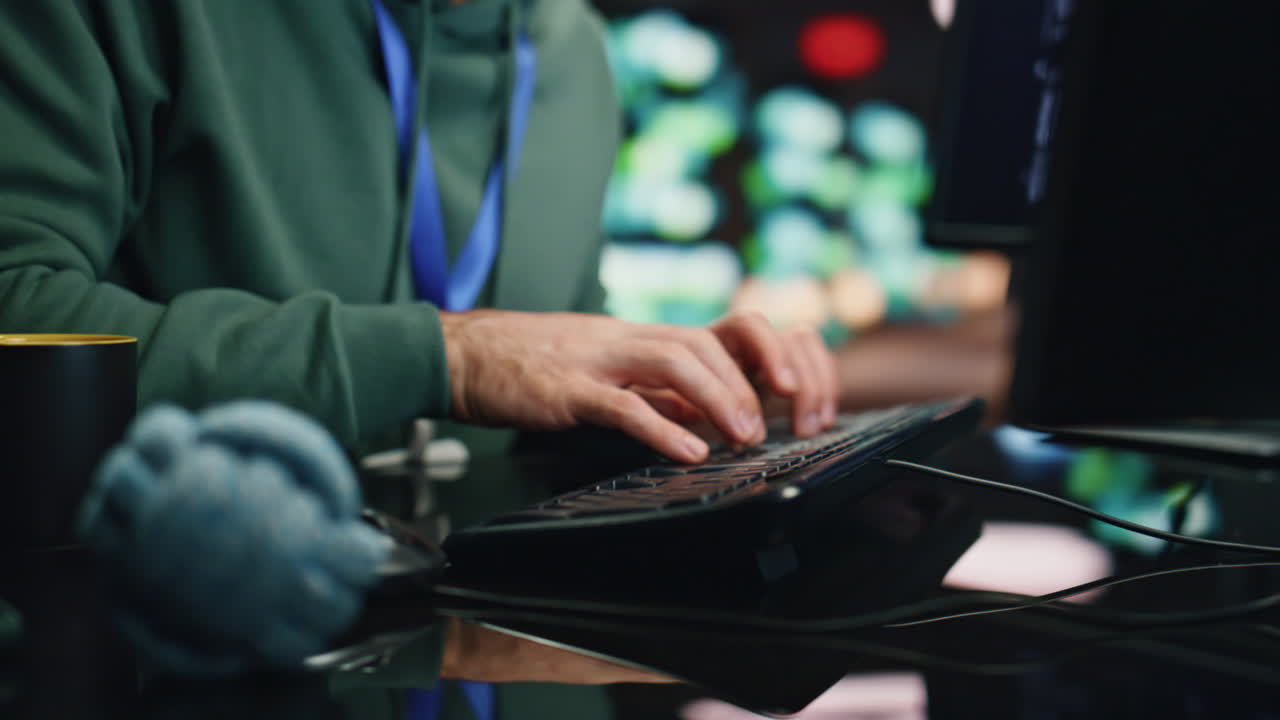 científico informático enfocado trabajando tarde en el centro de datos. hombre escribiendo en el teclado.