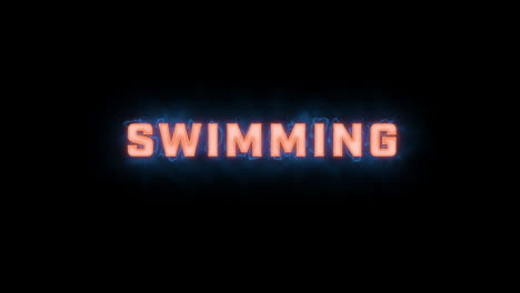 Eine-Kurze,-Hochwertige-Typografische-Animation-Des-Wortes-„Swimming“-Mit-Verschiedenen-Farboptionen-Auf-Schwarzem-Hintergrund,-Ein--Und-Ausgeblendet-Mit-Elektrischen,-Nebligen-Elementen