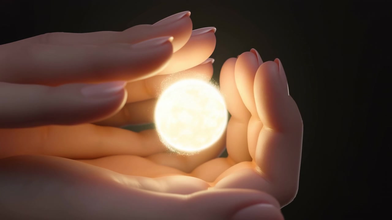 Un primo piano in movimento mostra due mani che sorreggono delicatamente una sfera luminosa nel palmo, poi aprono lentamente le dita per rivelare una luce calda e radiosa contro una vignettatura scura, un movimento sottile crea un'atmosfera intima e simbolica.