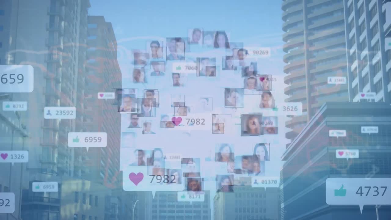 소셜 미디어 반응과 시티 스케이프에 대한 사용자 아이콘의 애니메이션