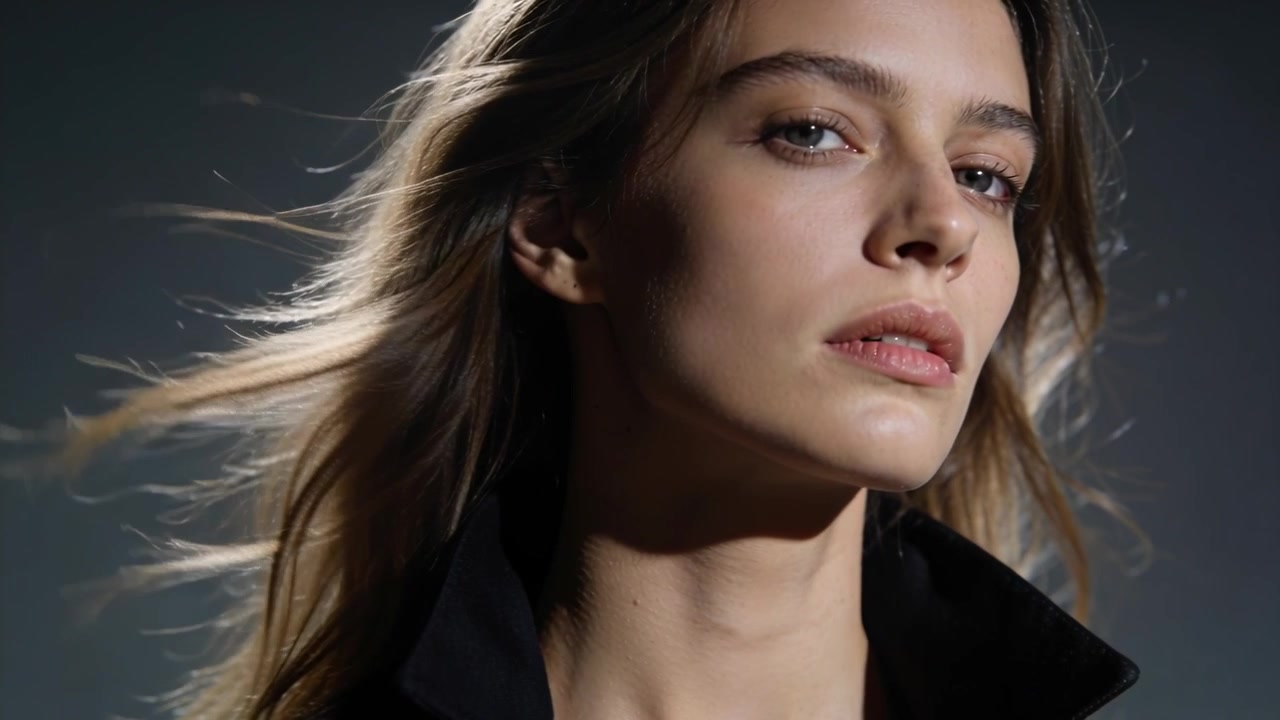 Model turning to three-quarter profile in studio, airflow lifting hair, showing dark coat collar
