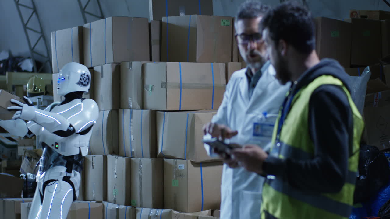 robot y trabajadores en un almacén