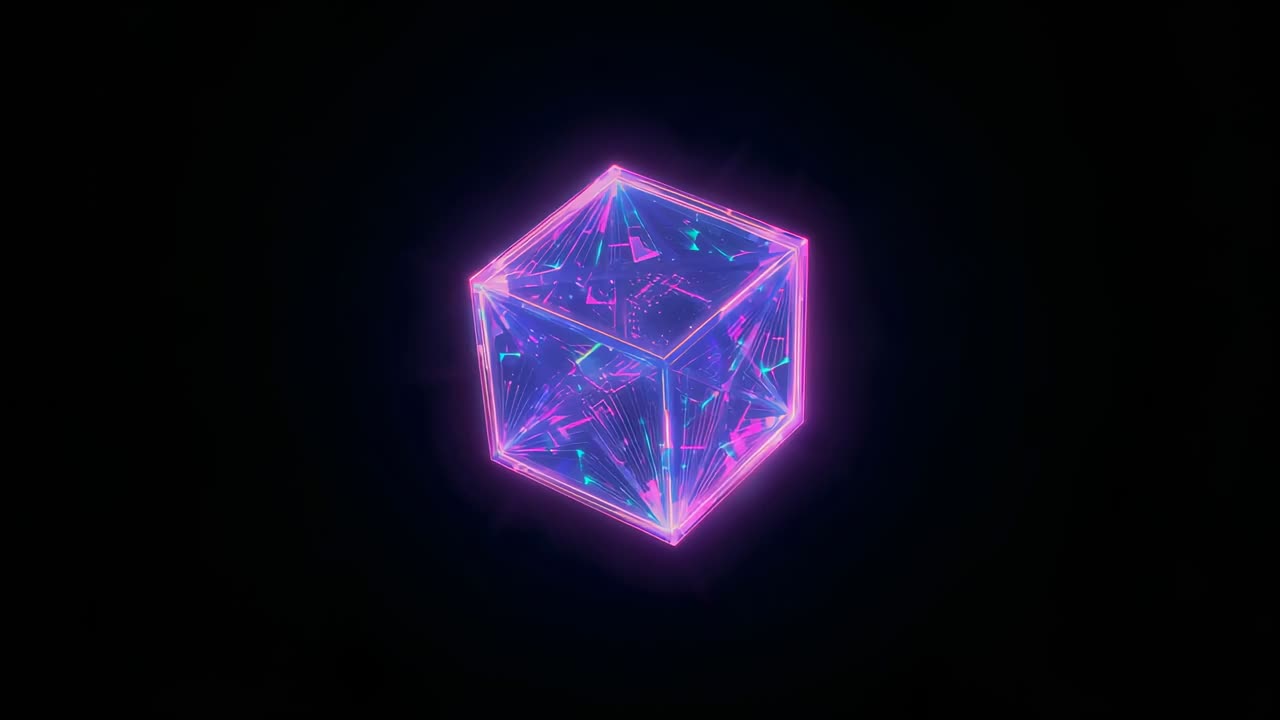 Opening on black backdrop, neon wireframe cube glowing in void, rotating and flexing interior lines