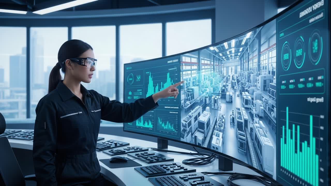 A woman in smart glasses interacts with advanced data visualizations in a modern control room, showcasing analytics and technology in an industrial workspace