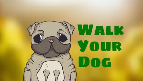 animation of walk your dog text in green with comical pug dog portrait, over grass and trees in park