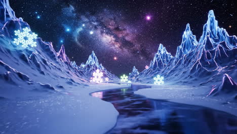 magical winter ice landscape with glowing snowflakes and milky way