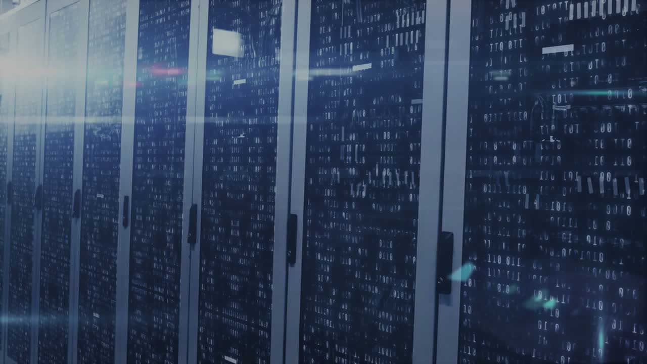 Server rack aisle displaying cascading binary code with animated area and bar charts in 3D render