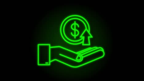 neon ganancias dinero o presupuesto. efectivo y gráfico ascendente flecha en las manos. ganancias de capital, beneficio. gráfico de movimiento