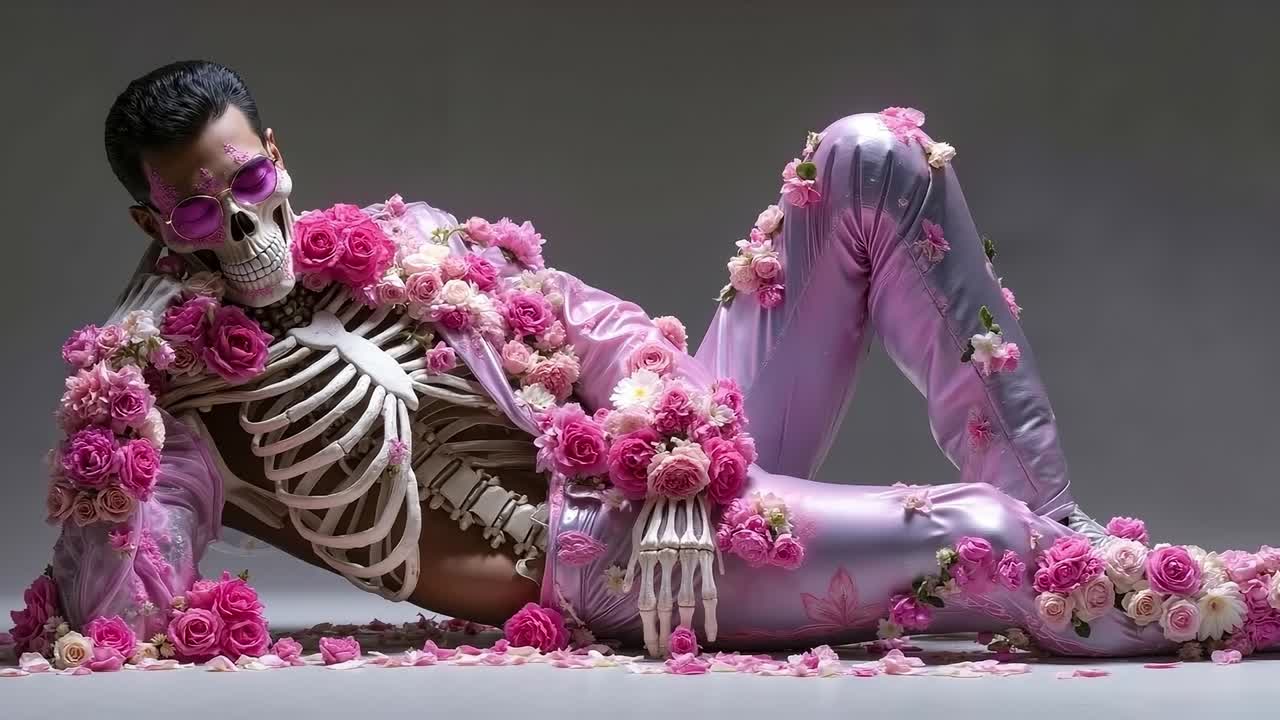 A woman in a skeleton costume laying on the ground surrounded by flowers