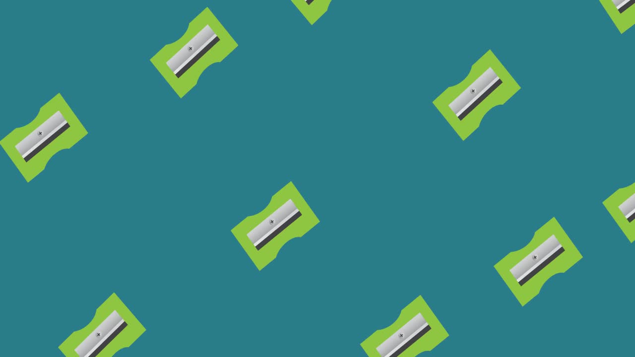 Animation of repeated green pencil sharpeners moving over mid blue background