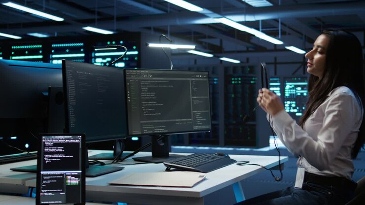 Server hub workers carrying out operational technical interventions, close up
