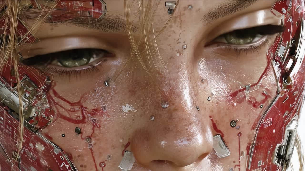 Primer plano intrincado de un rostro cibernético futurista que muestra características mecánicas únicas y asombrosos ojos verdes en un renderizado de alto detalle.
