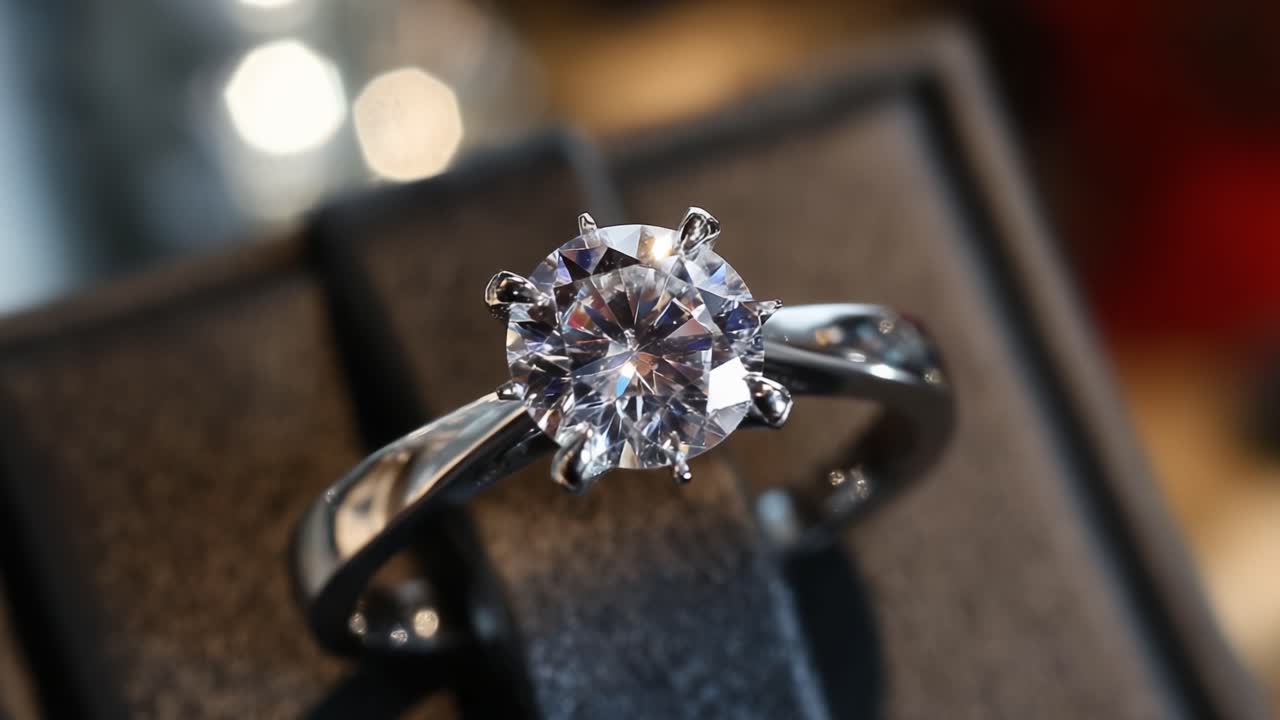 Un Primo Piano Mozzafiato di uno Splendido Anello di Fidanzamento con Diamante Che Mostra la Sua Scintillante Purezza e il Design Elegante, Perfetto per Simboleggiare Amore e Impegno