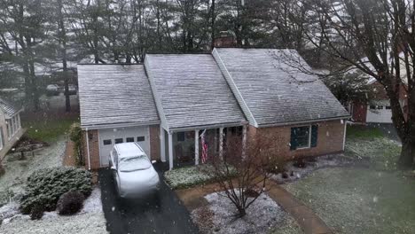 establishing shot of american home during snow storm