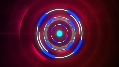 círculos y barras digitales giratorios, animación futurista sobre fondo rojo