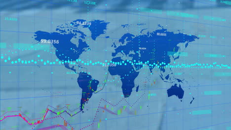 animation of financial data processing with world map over city street