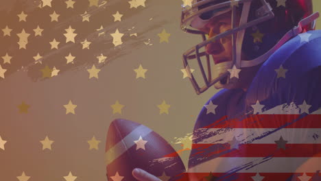 animation of caucasian american football player with ball and flag of usa