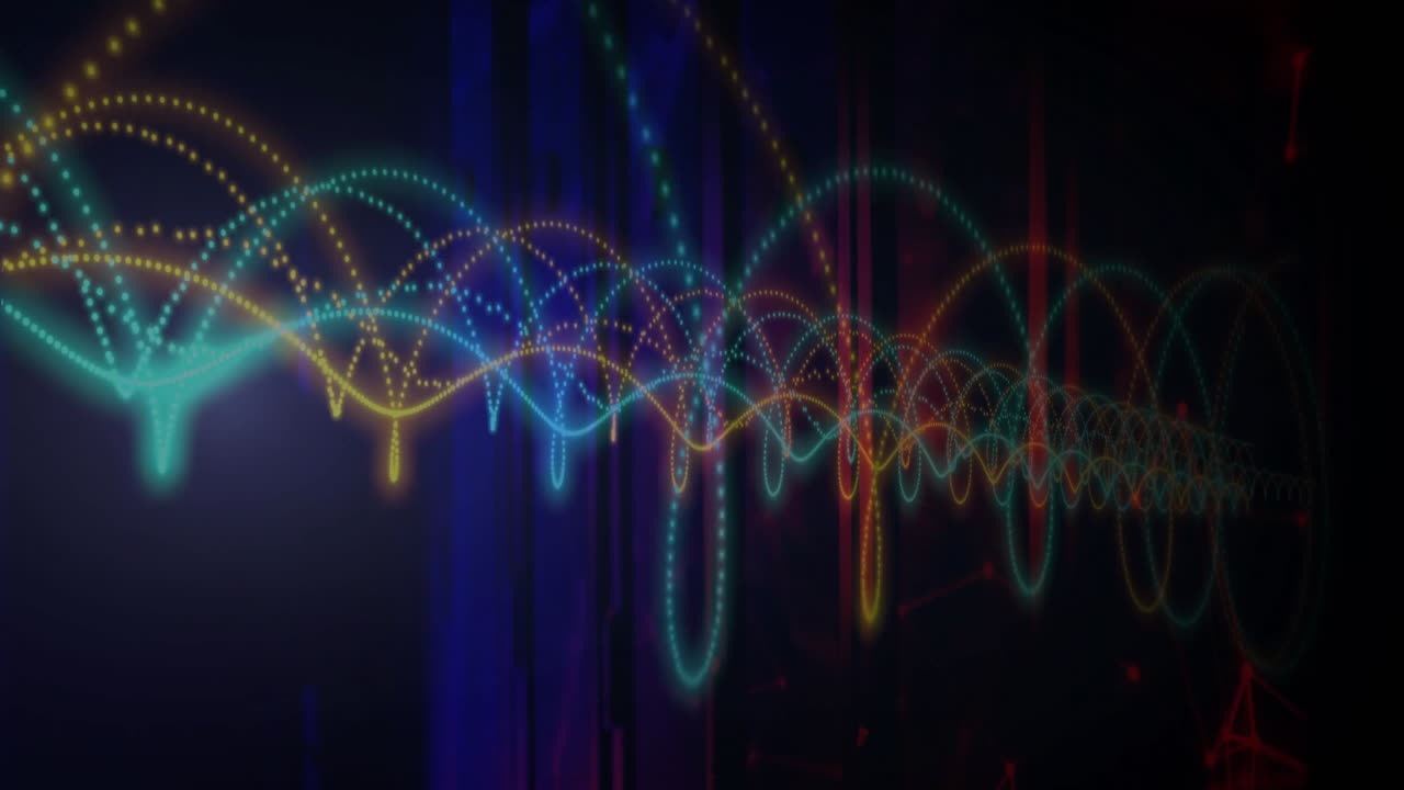 Colorful waveforms and dots animation over dark background with vertical lines