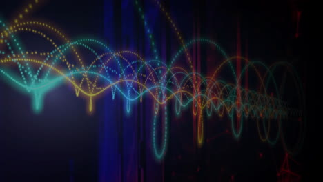 colorful waveforms and dots animation over dark background with vertical lines