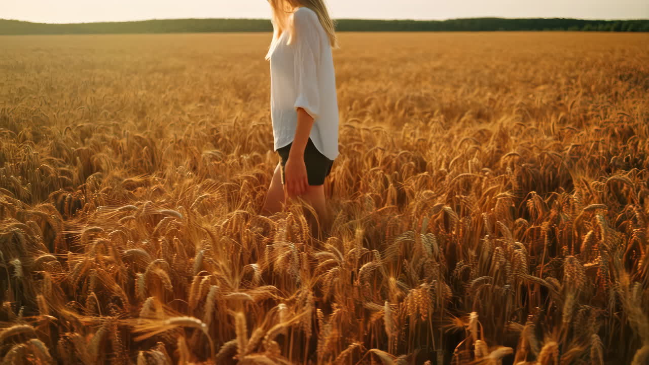 해가 지는 동안 밀을 가로질러 고 있는 여자