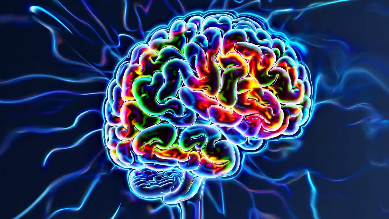 Vibrant neon brain illustration from a top-down angle, showcasing intricate neural patterns