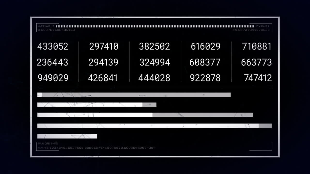 animación de la interfaz con líneas de tiempo y procesamiento de datos en fondo negro