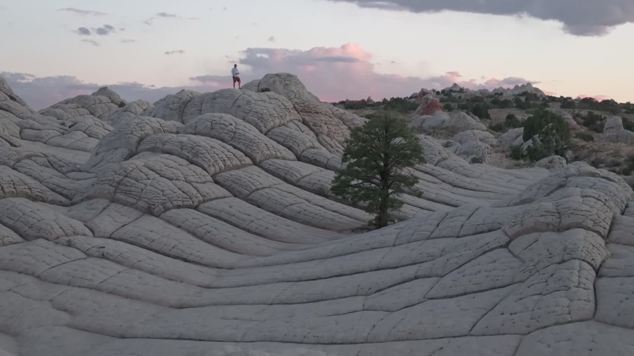 A drone raising altitude to reveal the famous lone tree and a male subject standing on top of the unique sandstone rock features of White Pocket Arizona at sunset with parallax