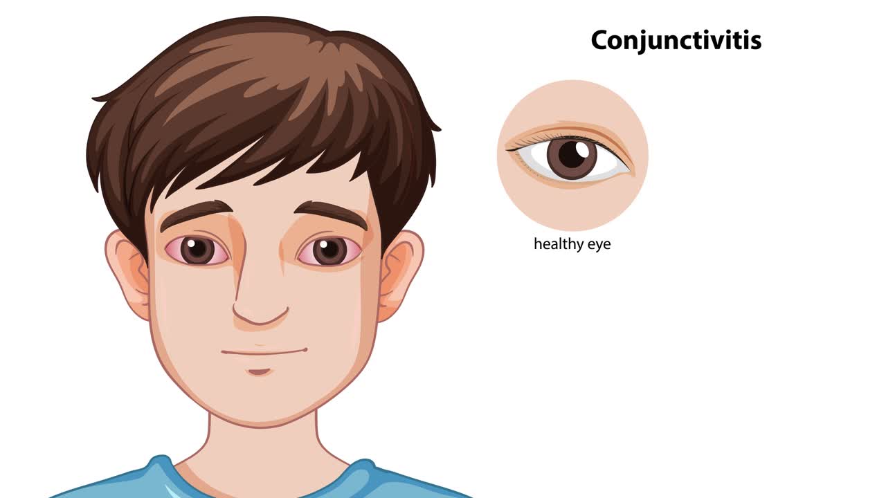 Cartoon animation explains conjunctivitis types with close-up eye diagrams, clear labels, and gradual transitions