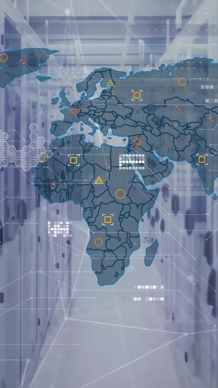 Animation of world map and data processing over computer servers