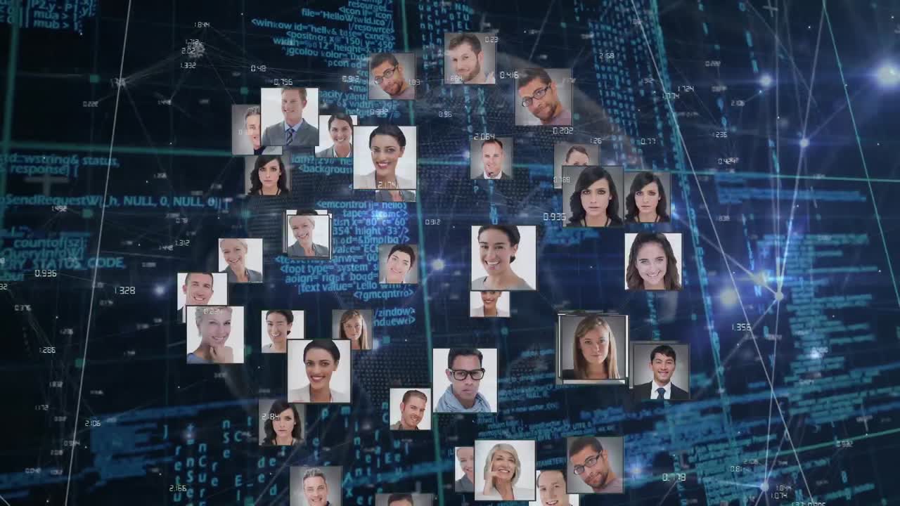 Animation of network of connections with people's photos and data processing