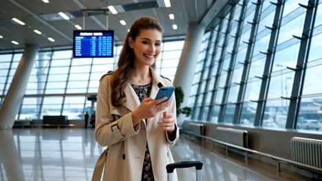 smiling woman with phone and luggage in a modern airport terminal