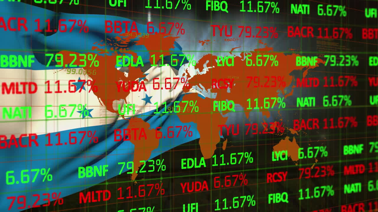 세계 지도와 온두라스의  ⁇ 발 위에서 금융 데이터 처리의 애니메이션