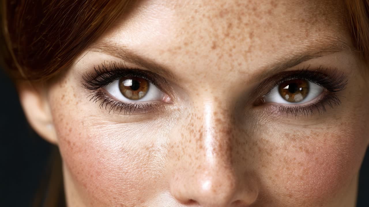 Captivating Close-Up of a Woman's Face Highlighting Expressive Eyes and Distinctive Freckles in a Natural Light Setting