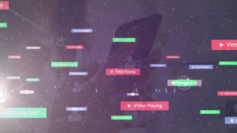 animación de la red de conexiones con iconos de los medios sobre la mujer caucásica que usa un teléfono inteligente