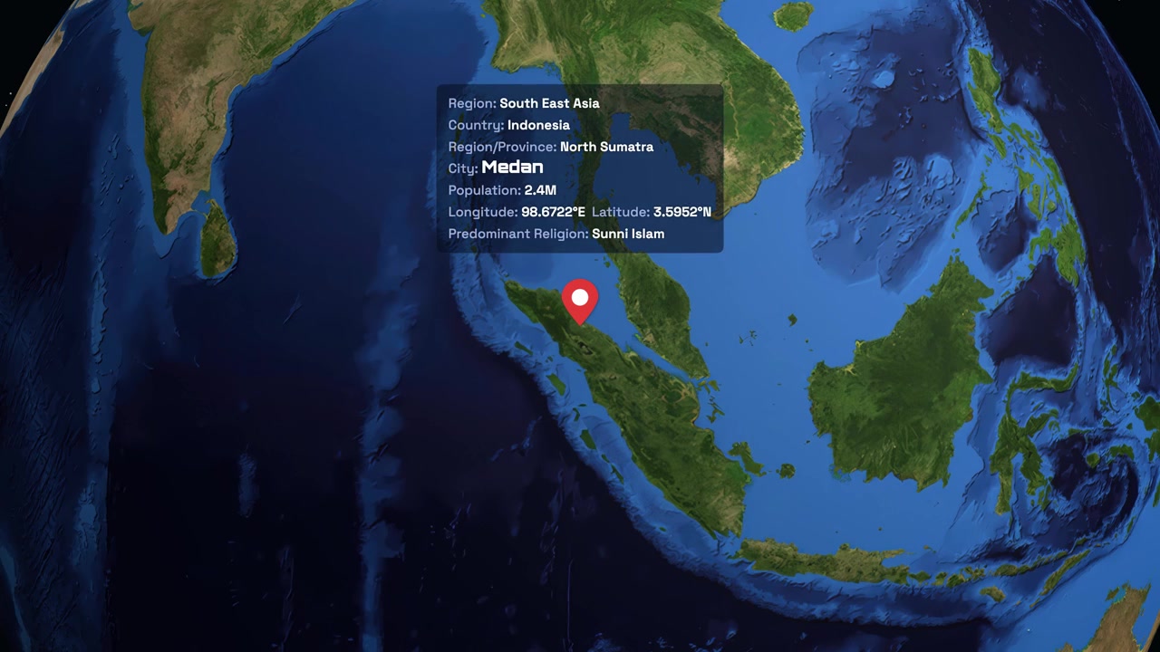 A digital globe rotates and zooms into Medan, Indonesia, displaying regional and demographic information