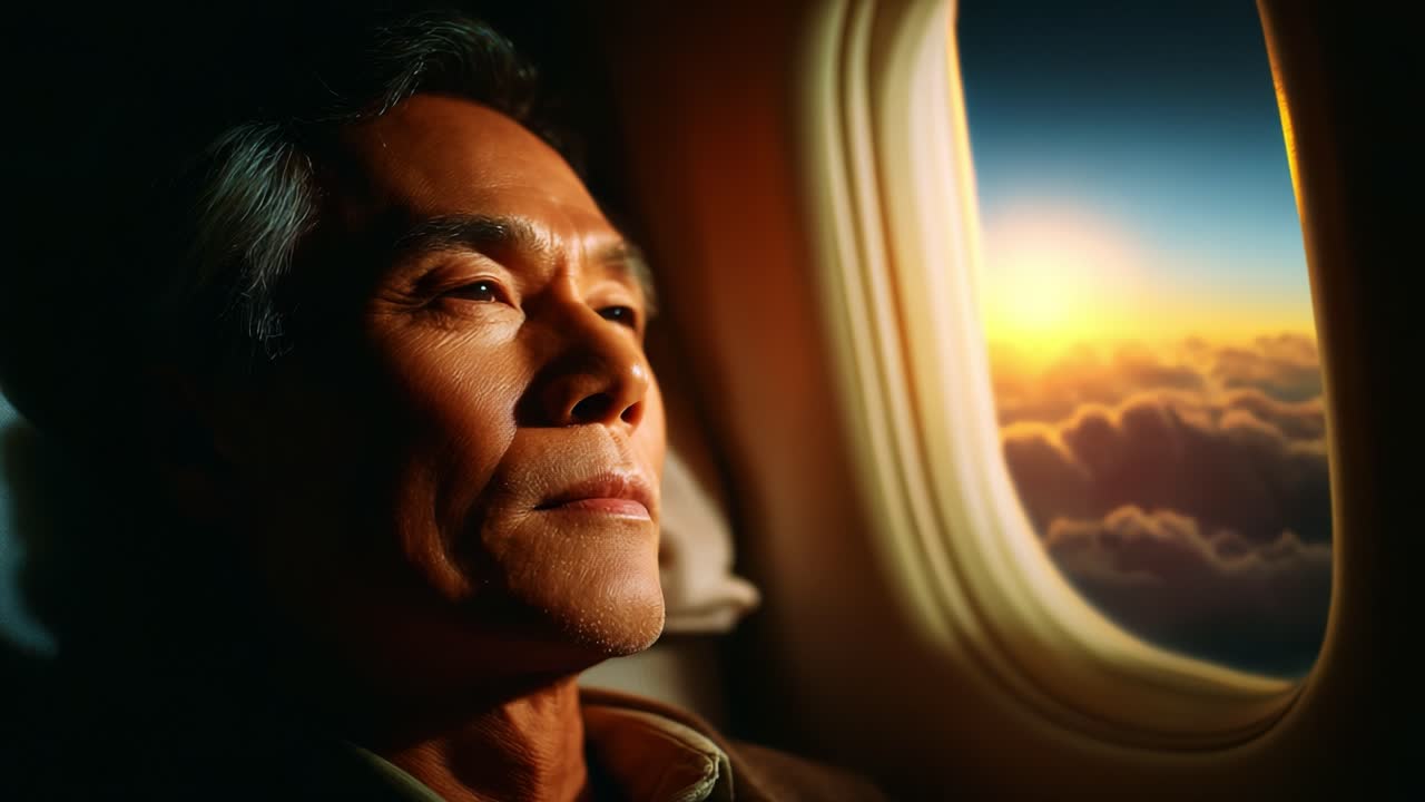 A Tranquil Journey Above the Clouds: A Man Reflects and Finds Peaceful Solitude Inside an Airplane as the Sunrise Casts a Stunning Glow Over the Horizon, Framing His Contemplative Expression