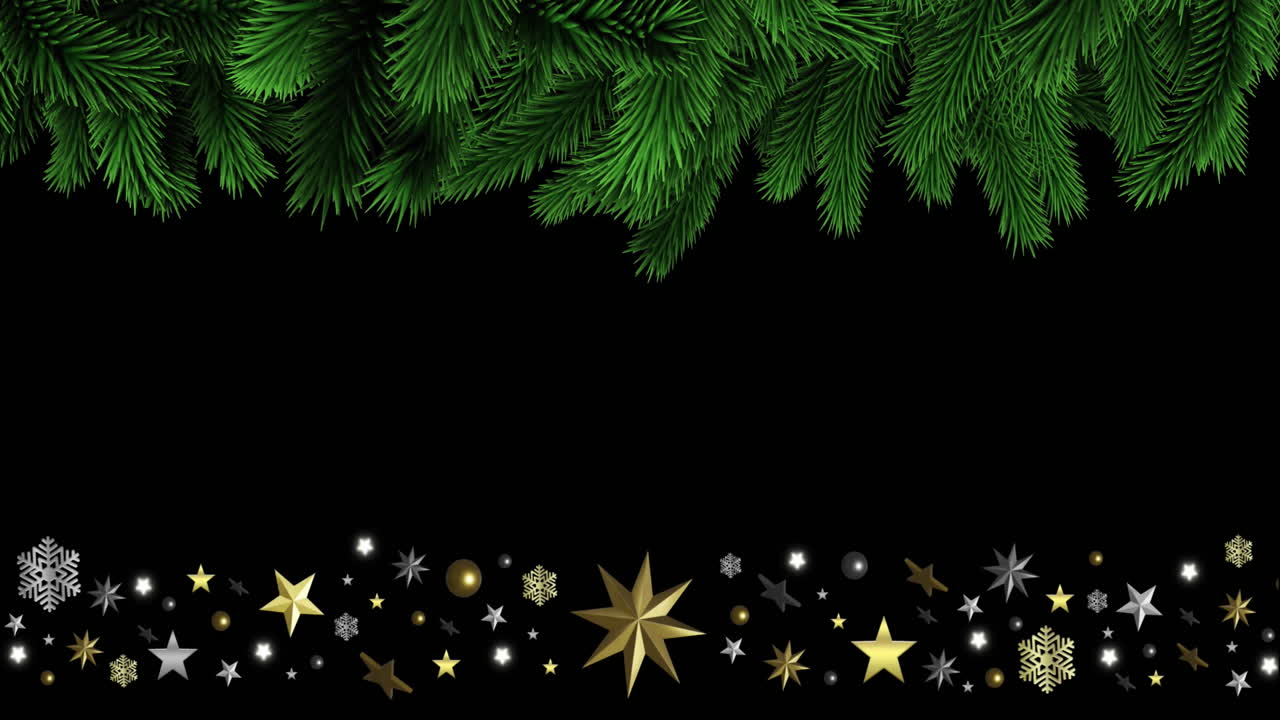 Animation of tree leaves, stars, snowflakes, baubles and stars over black background