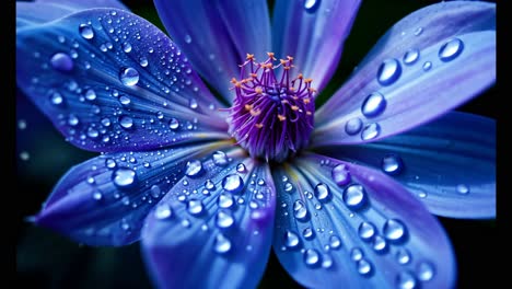 close-up of a beautiful purple and blue flower with water droplets