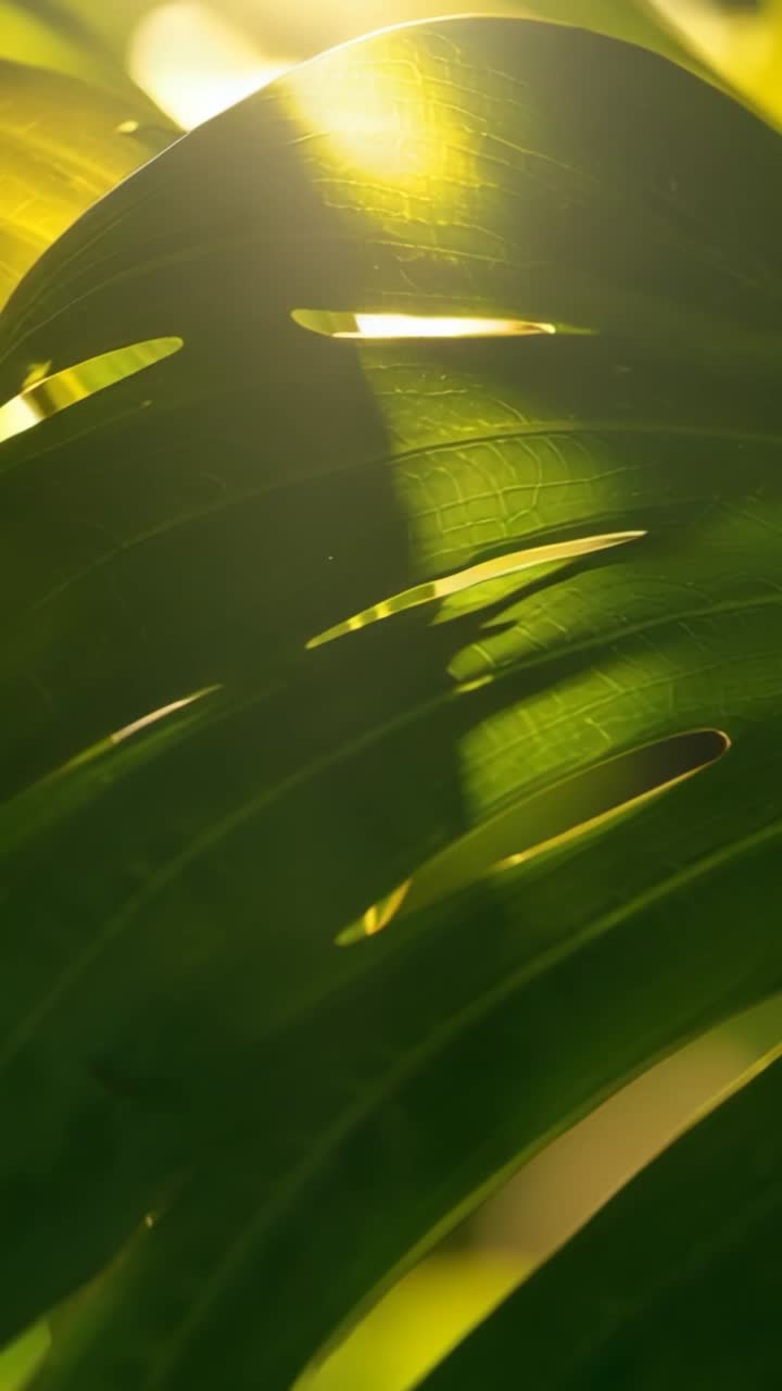 Vertical video: Sunlight shifting through perforated leaf by window causing swaying, showing veins