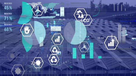 animation of digital data processing and eco icons over solar panels