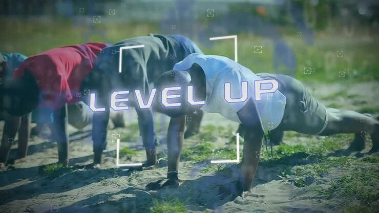 Scope over level up text against men performing push up execise
