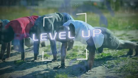 scope over level up text against men performing push up execise