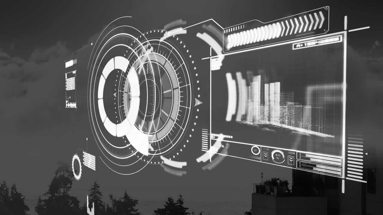 Animation of scope and data processing over cityscape